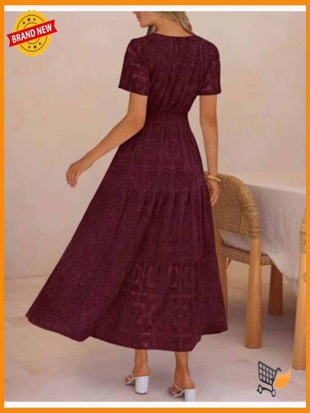 Women's Summer Boho Floral Maxi Dress Eyelet Lace Short Sleeve A Line - Picture 4 of 7